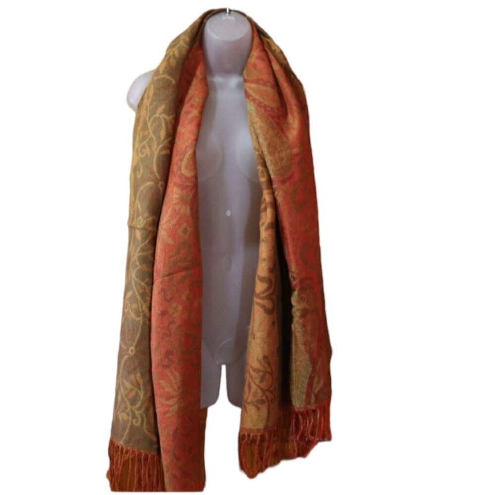 Vintage Orange Green Yellow Brocade Fringe Oversized Blanket Scarf 70x28